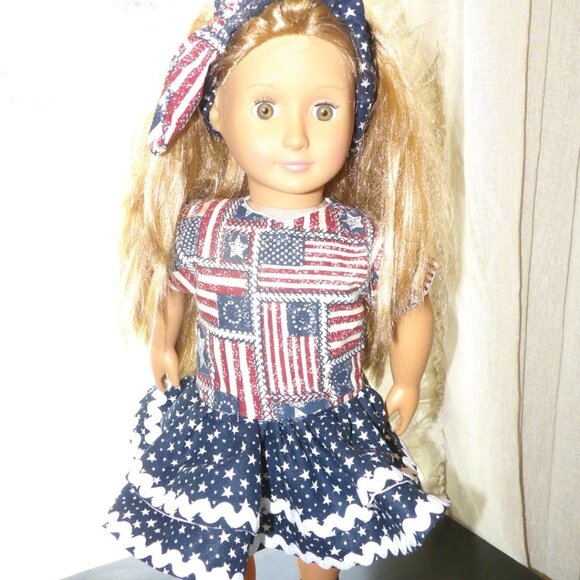 Red White Blue Doll Dress and Head Band for 18 inch Dolls Hand Crafted - Picture 5 of 16